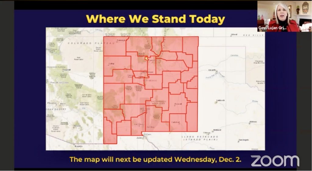 Red or Green? (Screen Capture by Geoffrey Plant) As of Monday, 32 out of 33 counties were designated red, or “very high risk,” by New Mexico’s Medical Advisory Team, which will roll out a new framework on Wednesday to assess the risk of coronavirus spread and accompanying restrictions on a county-by-county basis. Wealthy Los Alamos County was the only county categorized as yellow, or “high risk,” the middle designation under the new three-tiered system, announced by Gov. Michelle Lujan Grisham during her weekly COVID-19 update, which was livestreamed via Facebook.